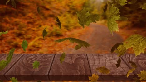 Digital-animation-of-multiple-autumn-leaves-floating-over-wooden-surface-against-forest-pathway