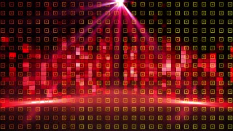Digital-animation-of-light-trail-and-spot-of-light-over-red-mosaic-squares-on-black-background