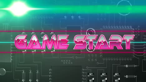 Game-start-text-on-neon-banner-over-close-up-of-microprocessor-connections-on-blue-background