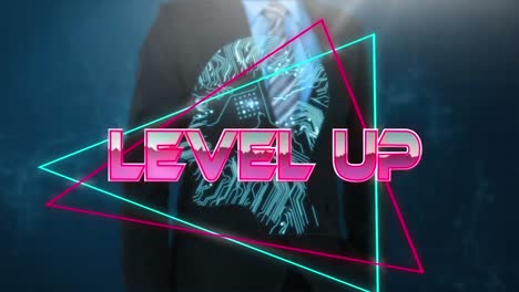 Animation-of-pink-metallic-text-level-up,-over-neon-lines,-with-businessman-using-interface