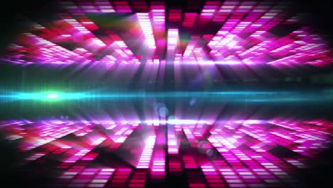 Digitale-Animation-Einer-Lichtspur-Und-Eines-Lichtflecks-über-Violetten-Mosaikquadraten-Auf-Schwarzem-Hintergrund