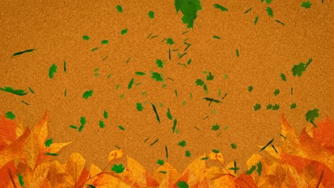 Animation-of-multiple-autumn-leaves-falling-on-orange-background