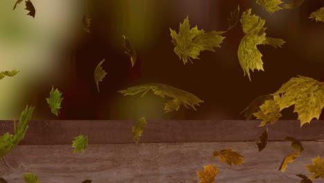 Digital-animation-of-multiple-autumn-leaves-floating-over-wooden-surface-against-forest