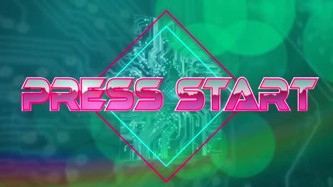 Animation-of-pink-metallic-text-press-start,-over-neon-lines,-and-glowing-computer-motherboard