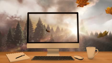 Animation-Von-Blättern,-Die-über-Computerbildschirm-Und-Wald-Fallen