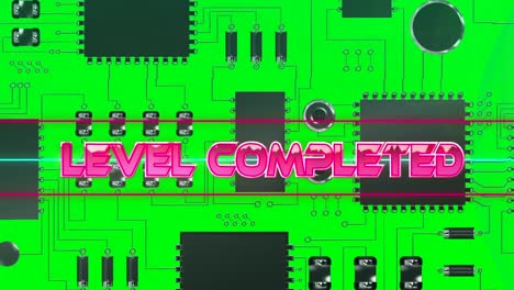 Level-completed-text-on-neon-banner-over-close-up-of-microprocessor-connections-on-green-background