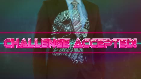 Animation-of-pink-metallic-text-challenge-accepted,-over-businessman-using-interface
