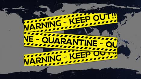 Yellow-police-tapes-with-quarantine-and-warning-text-against-world-map-on-blue-background