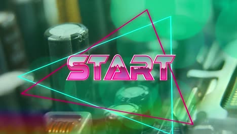 Animation-of-pink-metallic-text-start,-over-neon-lines,-on-green-computer-motherboard