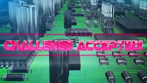Animation-of-pink-metallic-text-challenge-accepted,-on-neon-lines,-over-computer-motherboard