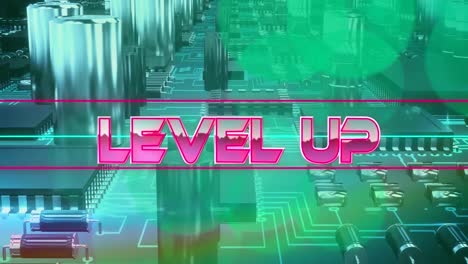 Animation-of-pink-metallic-text-level-up,-with-neon-lines,-over-green-computer-motherboard