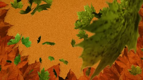 Animation-Mehrerer-Herbstblätter,-Die-Auf-Braunen-Hintergrund-Fallen
