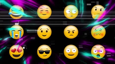 Animation-of-emojis-icons-over-purple-and-blue-lights