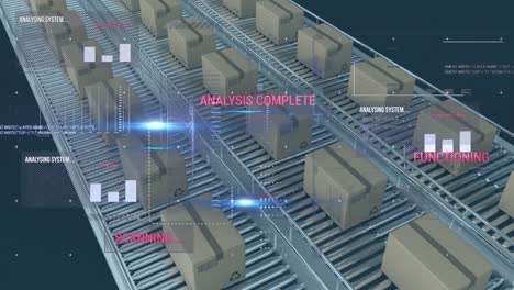 Digitale-Schnittstelle-Mit-Datenverarbeitung-über-Mehrere-Kartons-Auf-Einem-Förderband-Vor-Blauem-Hintergrund
