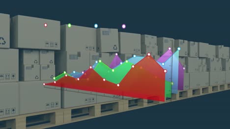 Statistical-data-processing-against-multiple-boxes-on-conveyor-belt-against-blue-background