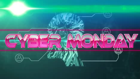Animation-of-pink-metallic-text,-cyber-monday,-over-neon-lines,-on-motherboard-and-network