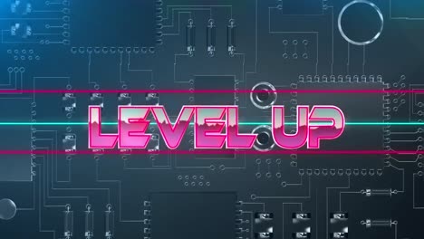 Animation-of-pink-metallic-text-level-up,-over-neon-lines,-on-grey-interface