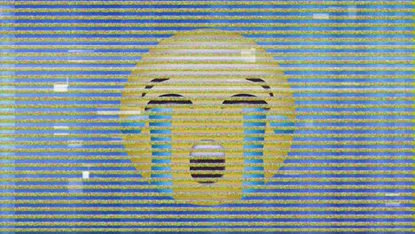 Digitale-Animation-Des-Statischen-TV-Effekts-über-Emoji-Mit-Weinendem-Gesicht-Vor-Blauem-Hintergrund