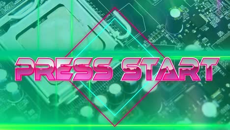 Animation-of-pink-metallic-text-press-start,-over-neon-lines,-on-green-computer-motherboard