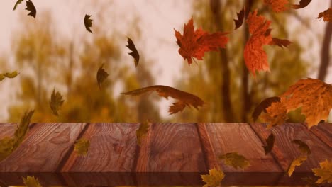 Animation-of-multiple-autumn-leaves-falling-over-bench