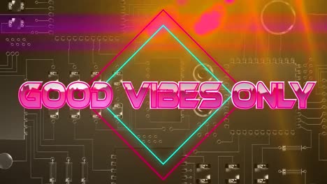 Animation-of-pink-metallic-text-good-vibes-only,-with-neon-lines,-over-computer-motherboard