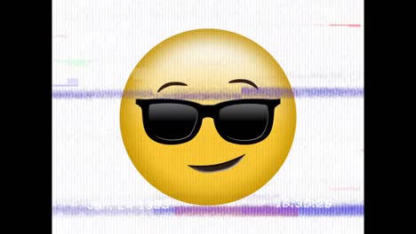 Digitale-Animation-Des-Statischen-TV-Effekts-über-Dem-Gesicht-Mit-Sonnenbrille-Emoji-Vor-Weißem-Hintergrund