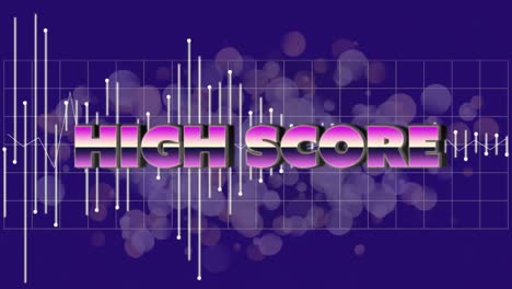 Animation-of-high-score-text-over-red-dots-and-lights-on-blue-background