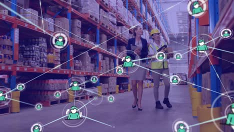 Network-of-profile-icons-against-caucasian-female-supervisor-and-worker-checking-stock-at-warehouse