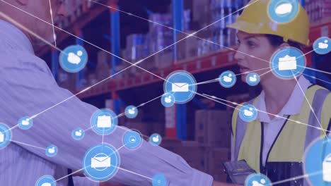 Network-of-digital-icons-over-male-supervisor-and-female-worker-using-scanning-device-at-warehouse