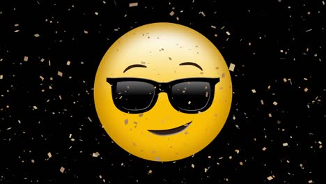 Animation-of-sunglasses-emoji-icon-over-falling-confetti-on-black-background