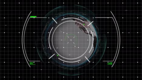Digital-animation-of-scope-scanning-over-grid-network-against-spinning-globe-on-black-background