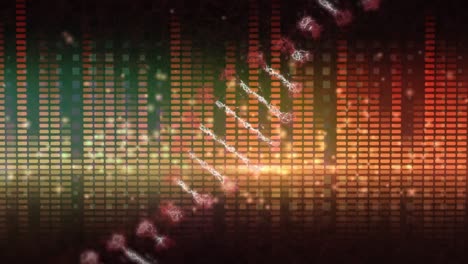 Digitale-Animation-Einer-DNA-Struktur,-Die-Sich-über-Orangefarbenen-Disco-Lichtern-Vor-Schwarzem-Hintergrund-Dreht