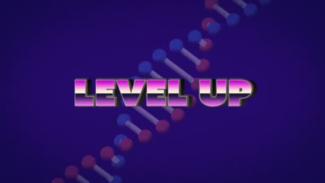 Animation-of-level-up-text-over-dna-strand-on-blue-background