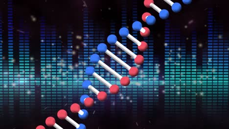 Animation-of-revolving-dna-strand,-spots-of-light-and-glowing-blue-rectangles