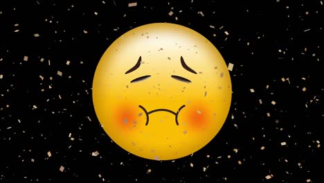 Digital-animation-of-golden-confetti-falling-against-sick-face-emoji-on-black-background