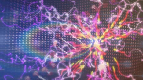 Animation-of-revolving-dna-strand,-glowing-colourful-lights-and-energy-waves