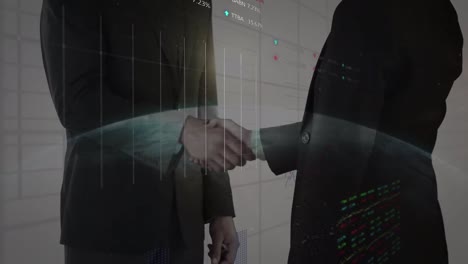 Animation-of-data-processing-and-globe-over-businessman-handshake