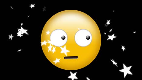 Digital-animation-of-multiple-star-icons-falling-against-confused-face-emoji-on-black-background
