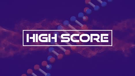 Animation-of-high-score-text-over-red-cloud-and-dna-strand-on-blue-background