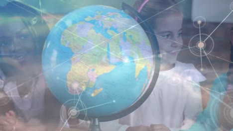 Netzwerk-Von-Verbindungen-über-Verschiedene-Schüler,-Die-In-Der-Grundschule-Geographie-Mithilfe-Eines-Globus-Lernen
