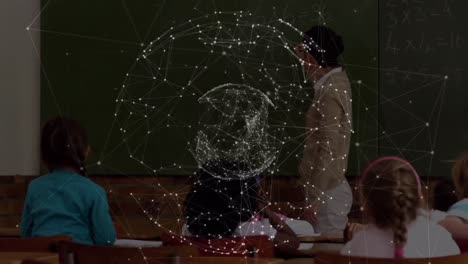 Globe-of-network-of-connections-over-female-teacher-teaching-students-in-class-at-elementary-school