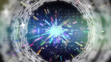 Animation-of-revolving-white-rings-over-colourful-sparks-and-glowing-squares