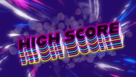 Animation-of-high-score-text-over-purple-and-blue-lights-on-blue-background