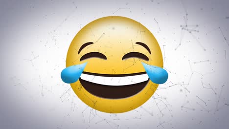 Digital-animation-of-network-of-connections-floating-against-laughing-face-emoji-on-grey-background