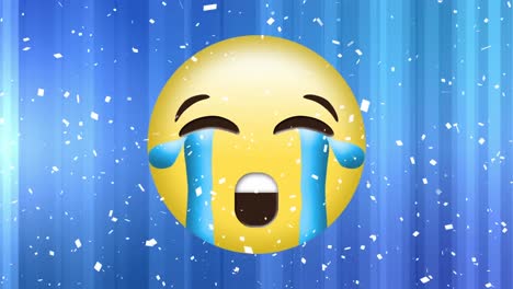 Animation-Des-Traurigen-Emoji-Symbols-über-Fallendem-Konfetti-Auf-Blauem-Hintergrund