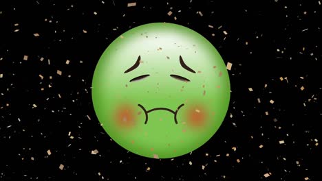 Digital-animation-of-confetti-falling-over-green-sick-face-emoji-against-black-background