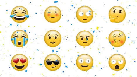 Digital-animation-of-confetti-falling-over-multiple-face-emojis-against-white-background