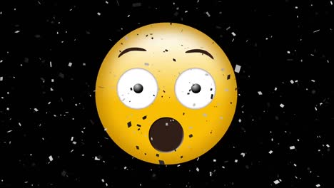 Digital-animation-of-confetti-falling-over-surprised-face-emoji-against-black-background