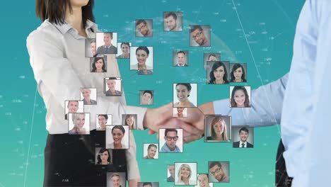 Animation-of-portraits-of-diverse-people-over-business-handshake