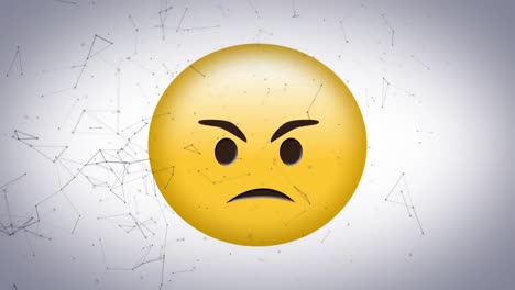 Digital-animation-of-network-of-connections-floating-over-angry-face-emoji-against-grey-background